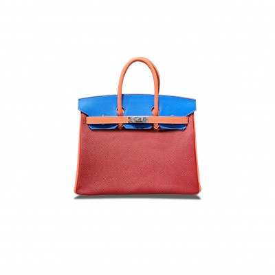 HERMES BIRKIN 25 EPSOM RUBY RED LOBSTER PINK NYLON BLUE SILVER BUCKLE BAG H028362CC08 (25*18*13cm)